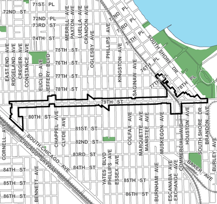 Avalon/South Shore TIF district, roughly bounded on the north by 77th Street, 81st Street on the south, Brandon Avenue on the east, and South Chicago Avenue on the west.